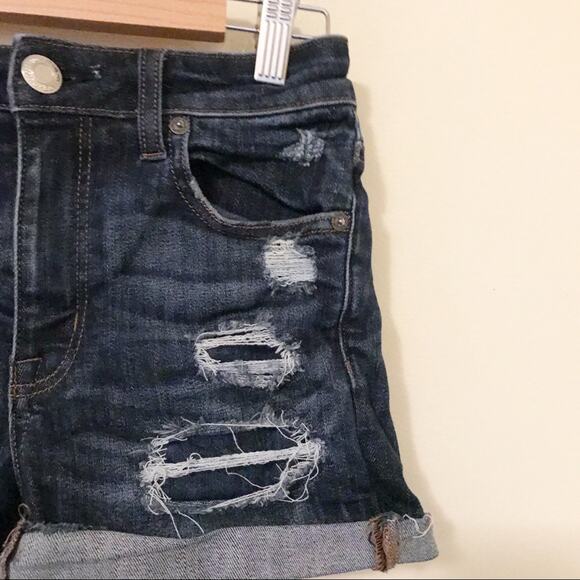 American Eagle Hi Rise Shortie Ripped Stretch High Waist denim jean shorts 4 - Picture 3 of 7